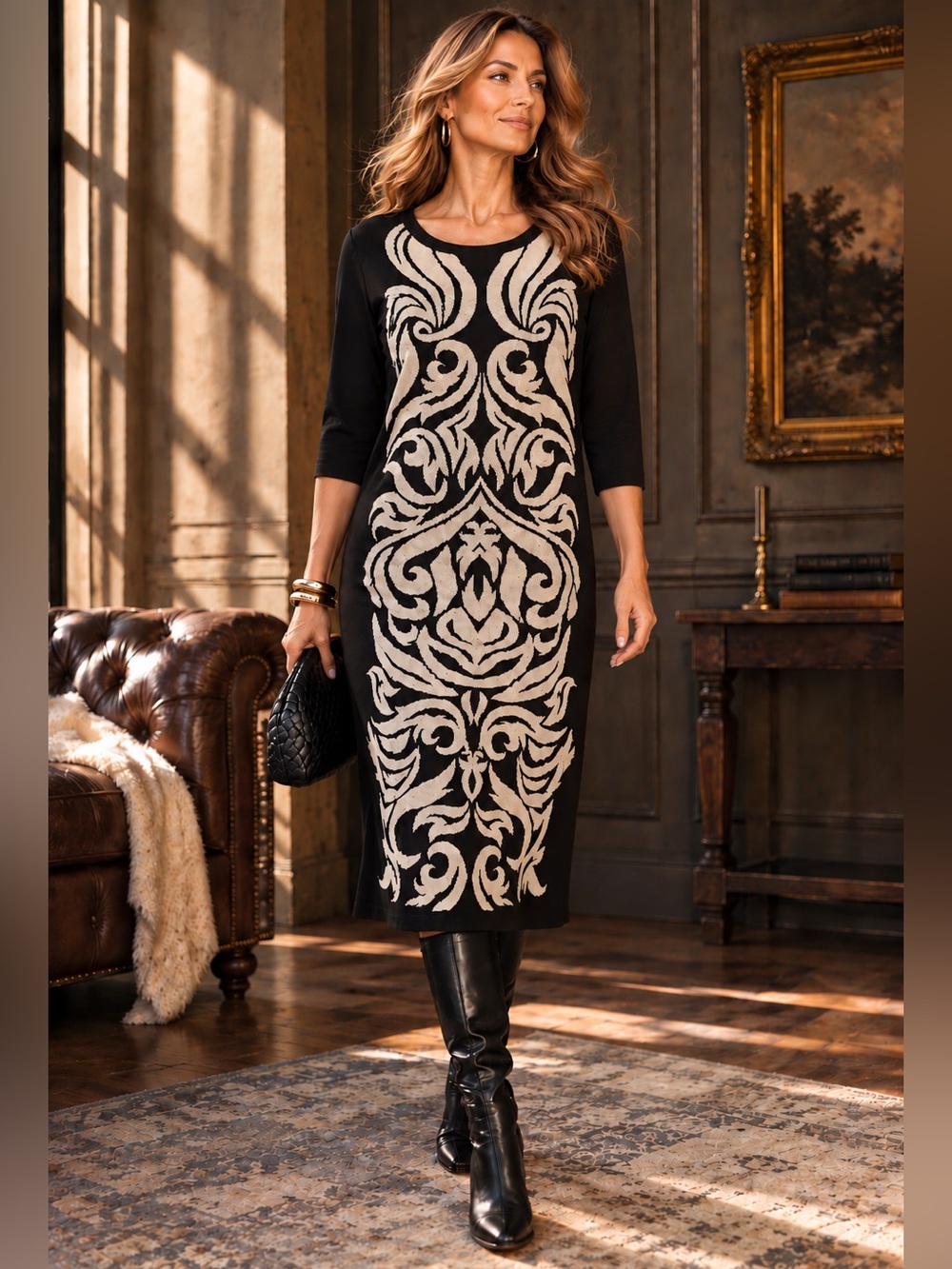 Nine West Black M Sweater Dress Baroque Scroll Old World European Maximalist